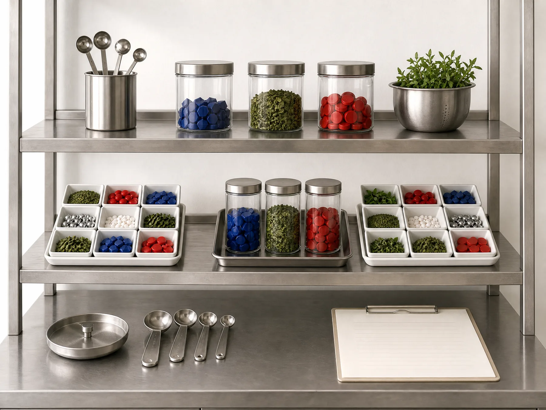 Organised evidence pantry with measurement vessels