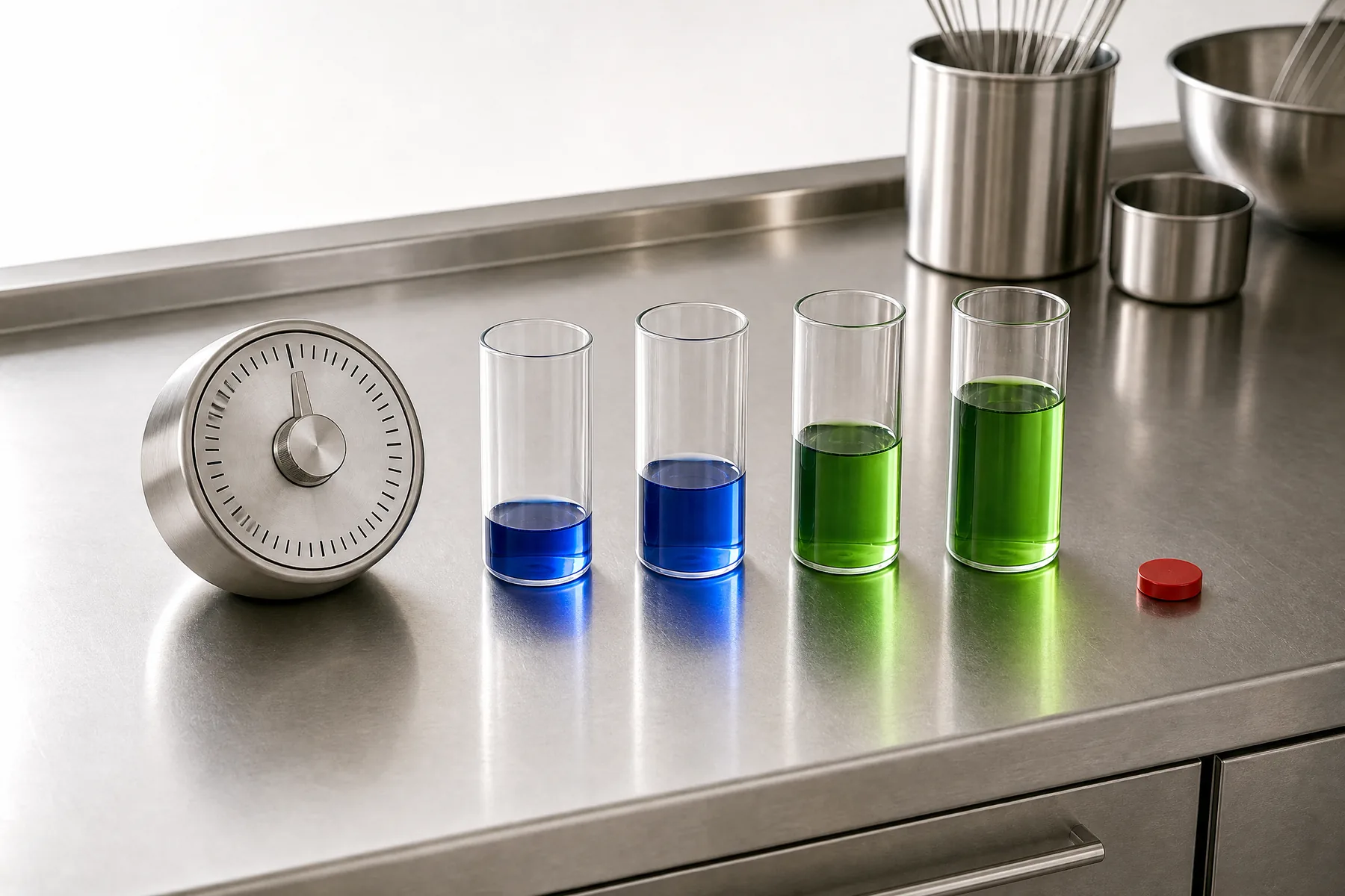 Mechanical experiment timer beside measurement cylinders