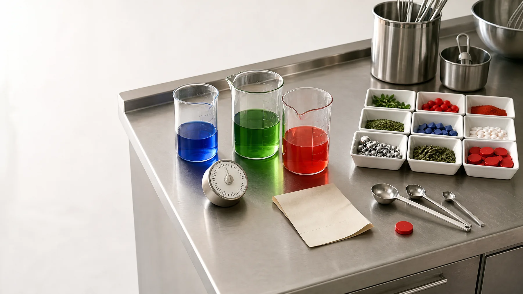 Marketing evidence arranged on a bright measurement kitchen counter
